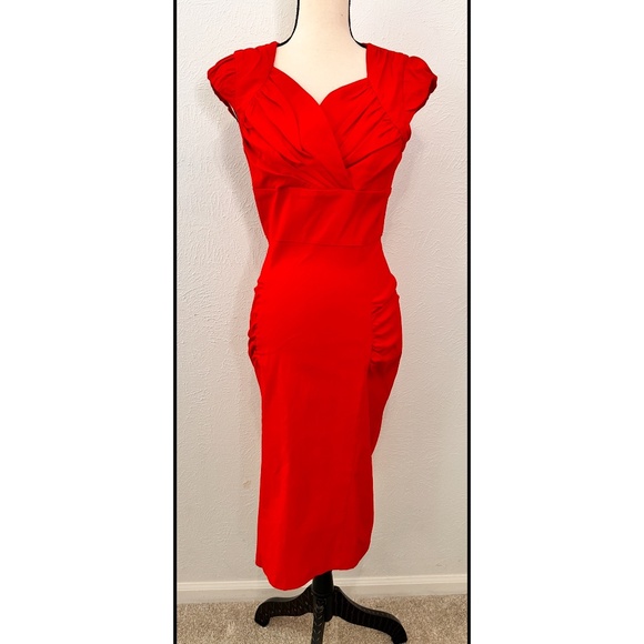 New Dow Boutique Classic Collection Sexy Red 50's Retro Pencil Dress, L - Picture 3 of 15